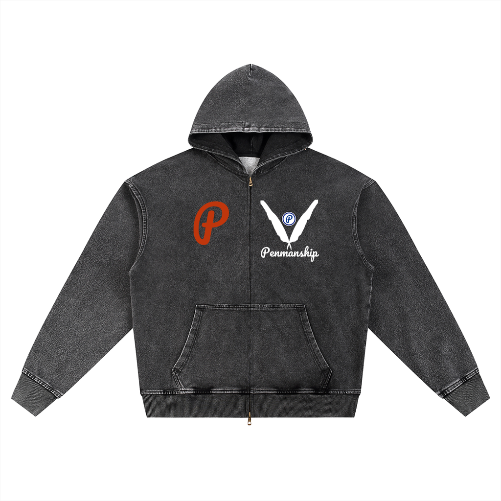 Penmanship Snow Wash Oversized Zip-Up Hoodie