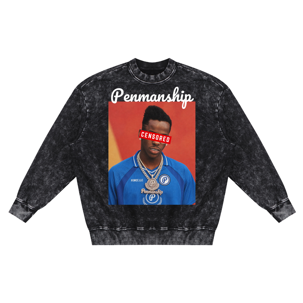 Penmanship "Censored" Snow Washed Hand-Frayed Graphic Sweatshirt